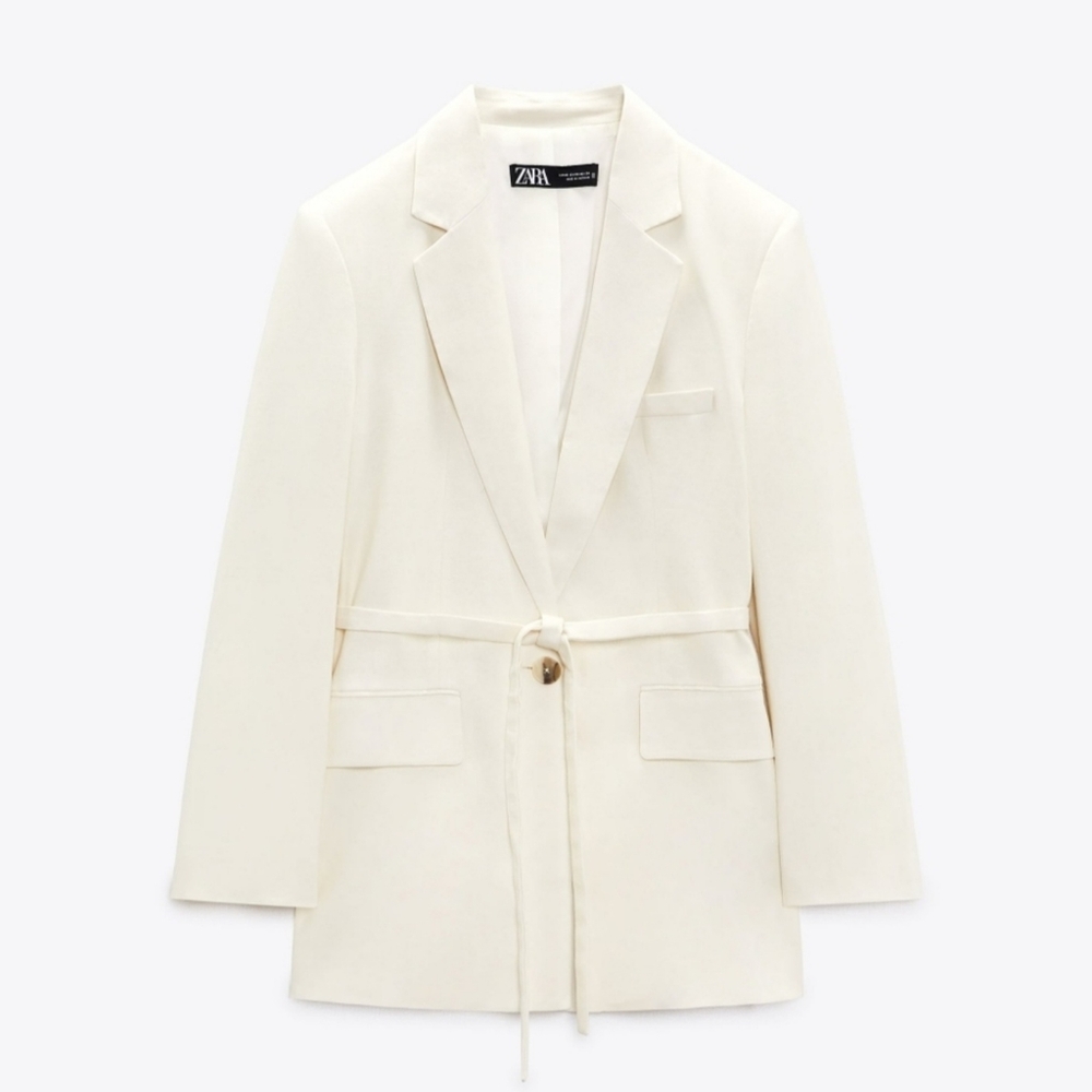 Zara Ecru Linen Blend Belted One Button Blazer - Picture 3 of 16